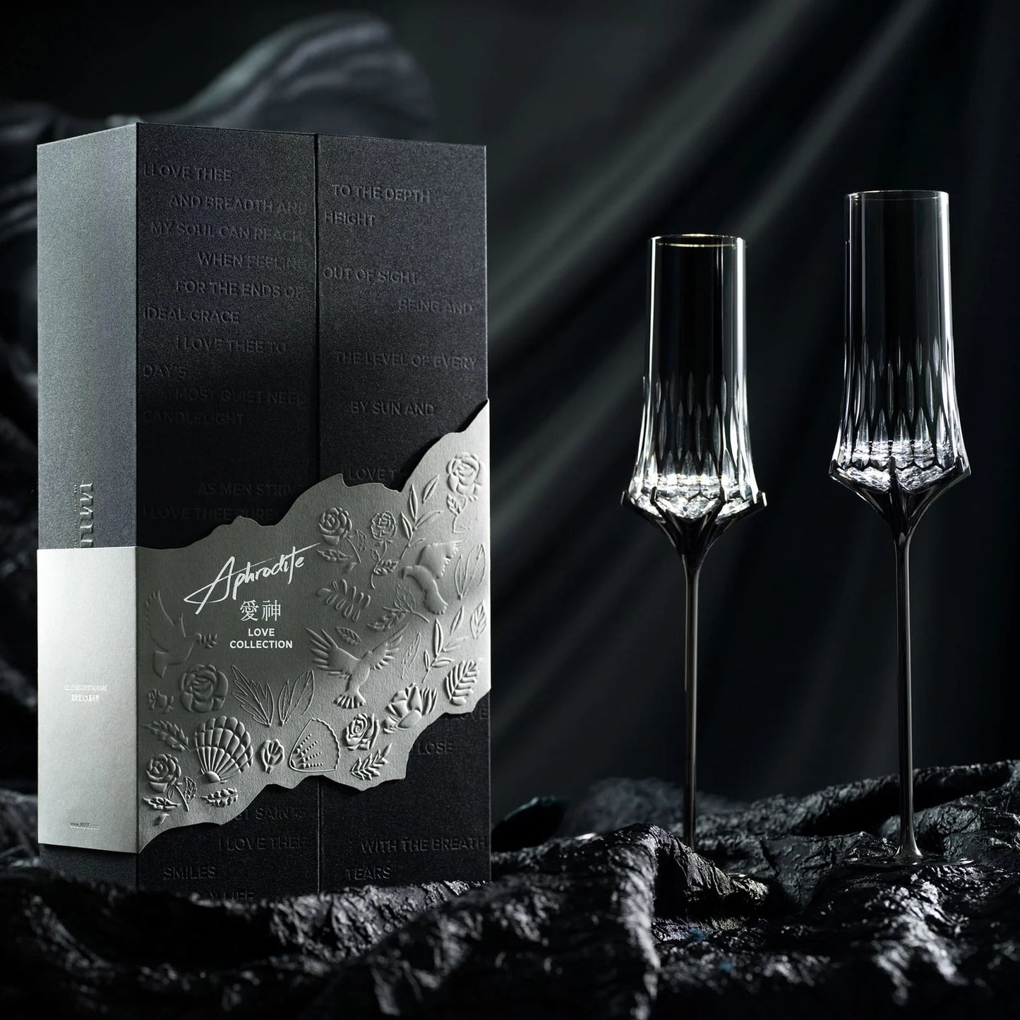 Love Aphrodite Champagne Flutes Set-A sculptural champagne glass set inspired by Aphrodite, love, and luminous contrast
